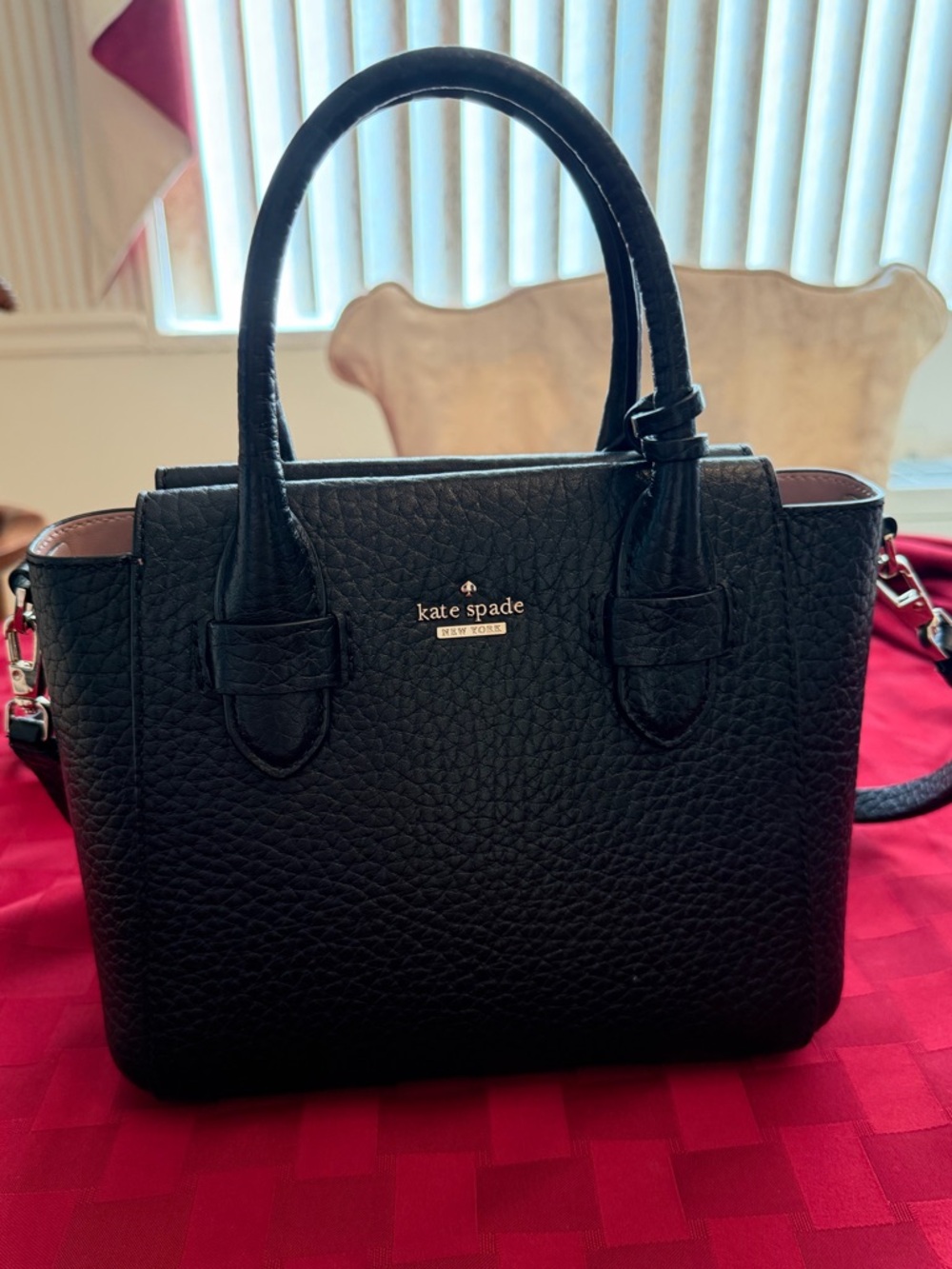 kate spade Black Pebbled Leather Top-Handle Satchel with Gold Logo